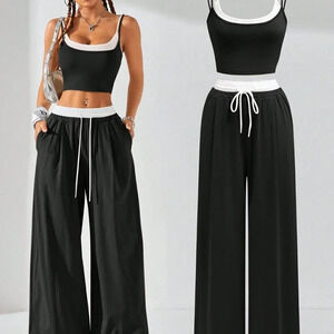 Black and White Casual Women's Sport Knit Tank Top & Sweatpants